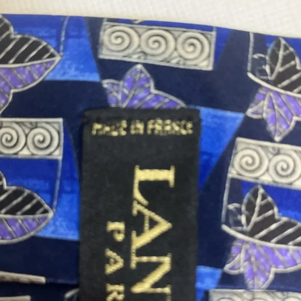 Lanvin‎ Paris Mens Silk Tie Blue Purple Geometric Leaf Made in France Designer